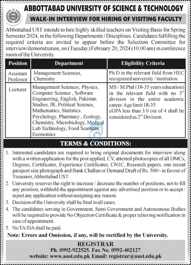 Abbottabad University Of Science & Technology Jobs 2024