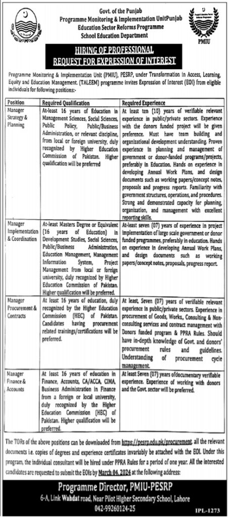 Punjab School Education Department Jobs 2024| Online Apply