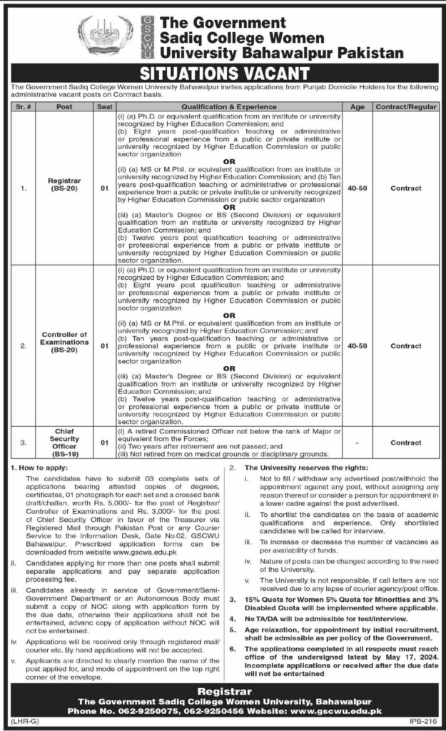 Govt Sadiq College University Bahawalpur Jobs 2024| Latest Jobs
